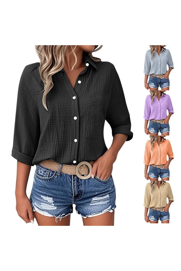 FNFYFH Womens Button Down Shirt Plus Size 3/4 Rolled Sleeve Collared Tops Dressy Casual Blouse