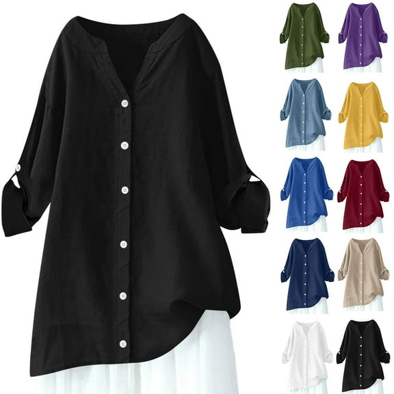 FNFYFH Womens Button Down Shirt Plus Size Cotton Linen Tops Roll Up Long Sleeve Shirts Casual V Neck Blouses
