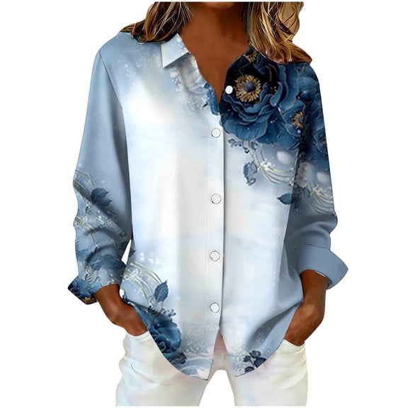 FNFYFH Womens Button Down Shirt Plus Size Long Sleeve Blouse Business Work Tops Dressy Casual Floral Printed Outfits