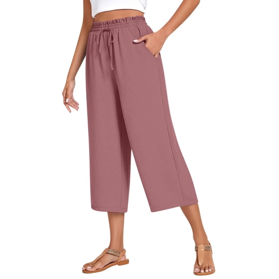 FNFYFH Womens Capris Pants Drawstring Lightweight Lounge Yoga Pajama Summer Cropped Pants Casual Wide Leg Elastic Waist Workout Sweatpants with Pockets