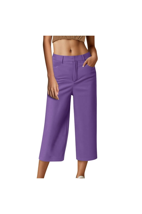 Womens Chino Capri Pants Wide Leg Business Dress Pants Cropped Stretchy Straight Leg Pants with Pockets