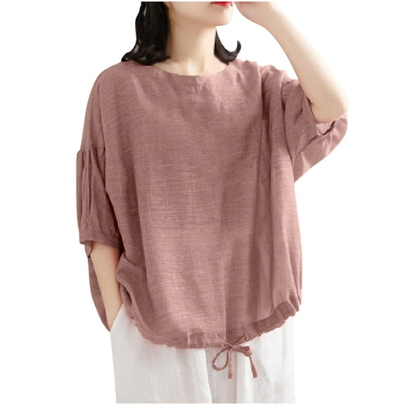 FNFYFH Womens Cotton Linen Shirts Half Sleeve Tops Loose Fit Solid Crewneck Tees,Pink