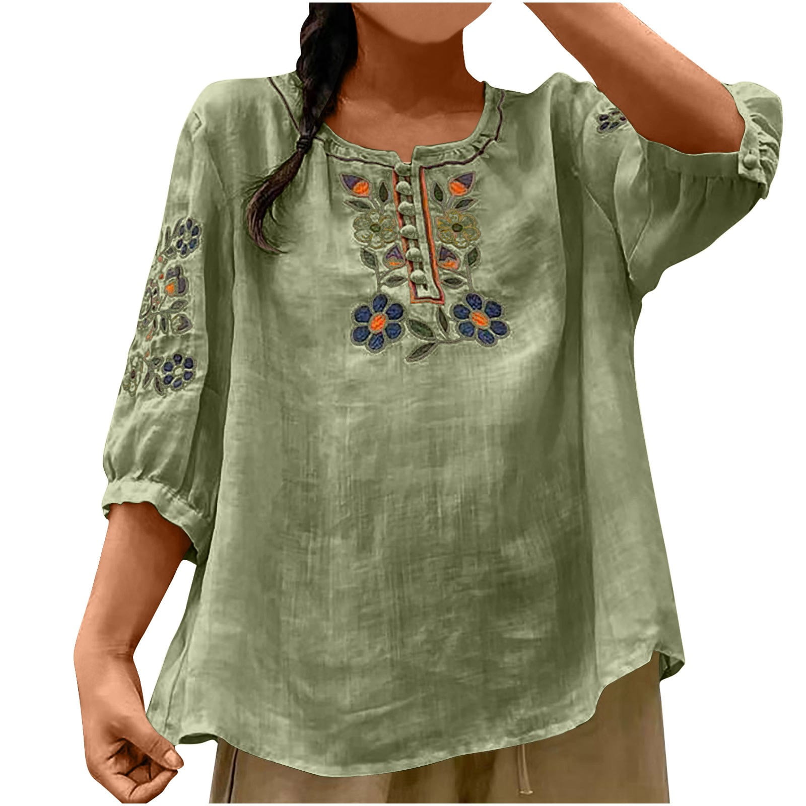 FNFYFH Womens Cotton Linen Tops 3/4 Sleeve Embroidered Shirt Summer ...
