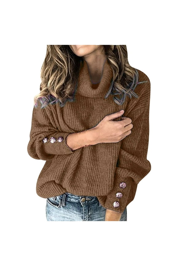 Womens Cowl Neck Sweater Plus Size Solid Color Sweaters with Button Cuff 2025 Fall Winter Long Sleeve Pullover Outerwear