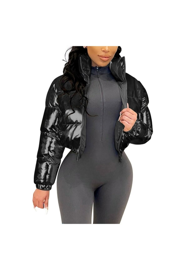 Womens Crop Puffer Jacket Metallic Solid Color Padded Coat Stand Collar Zip Up Shiny Puffer Coats Lightweight Quilted Jackets Black