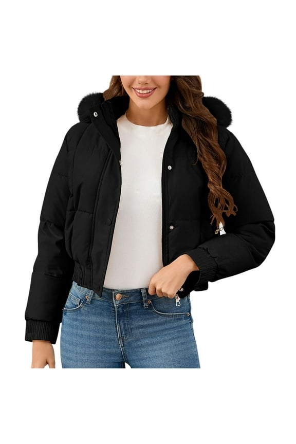 Womens Cropped Puffer Jacket Zip Up Padded Coat Hooded Short Quilted Jackets Casual Down Coats with Faux Fur Hood
