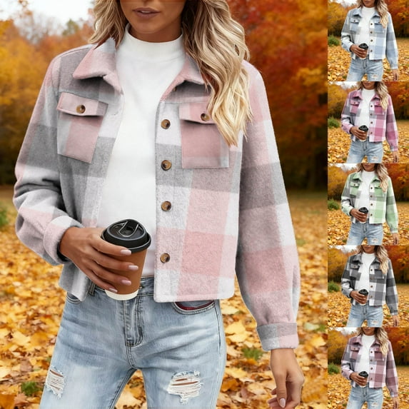 FNFYFH Womens Cropped Shacket Jacket Fuzzy Fleece Plaid Jackets Long Sleeve Button Down Shirt Warm Sherpa Flannel Coat