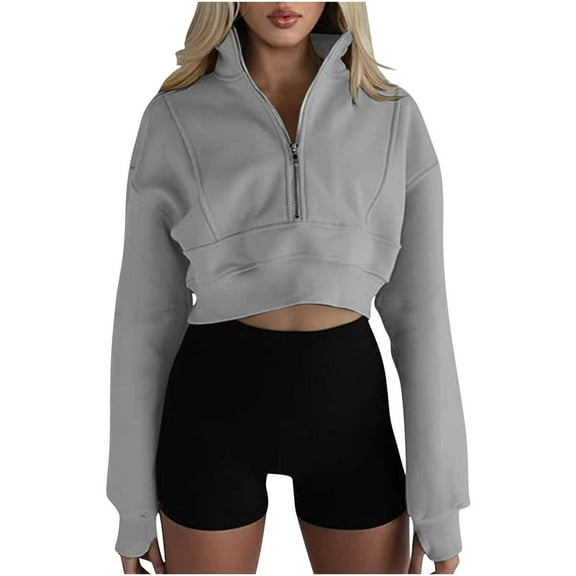 FNFYFH Womens Cropped Sweatshirt Solid Color Quarter Zipper Pullovers Casual Crop Half Zip Sweatshirts