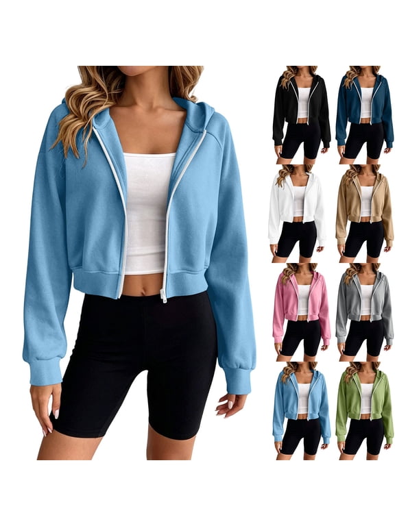 Womens Cropped Zip Up Hoodie Lightweight Sweatshirt Casual Workout Athletic Jacket
