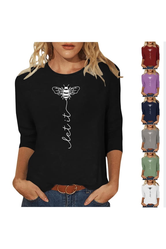 FNFYFH Womens Cute Bee Graphic Tee Shirts 3/4 Sleeve Funny Letter Print Summer T-Shirt Tunic Tops