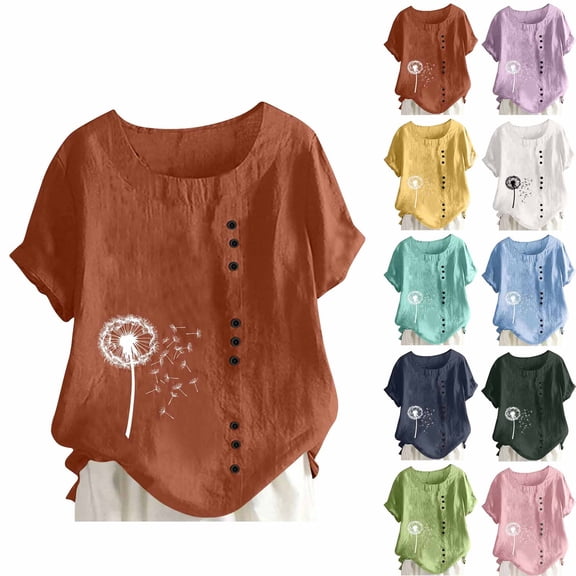 FNFYFH Womens Dandelion Print T-Shirt Summer Beach Blouse Short Sleeve Gauze Shirt Casual Loose Comfy Tunic Tops
