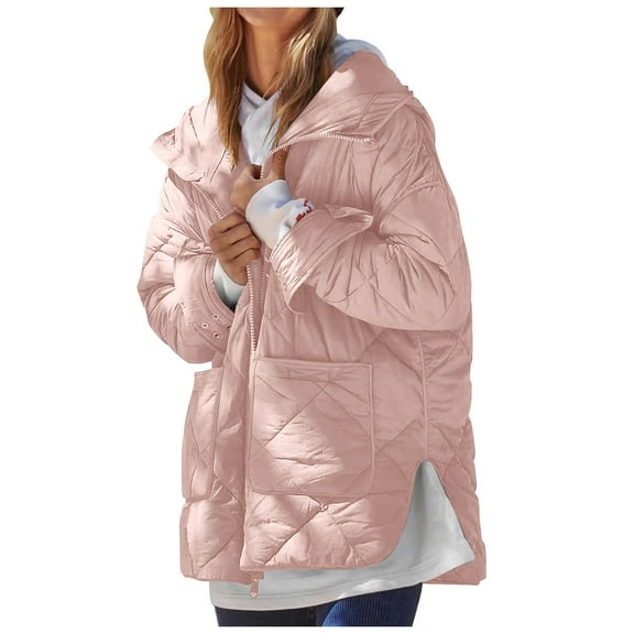 FNFYFH Womens Diamond Quilted Jackets Casual Puffer Jacket Hooded Zip Up Winter Coat Solid Color Padded Coats with Pockets