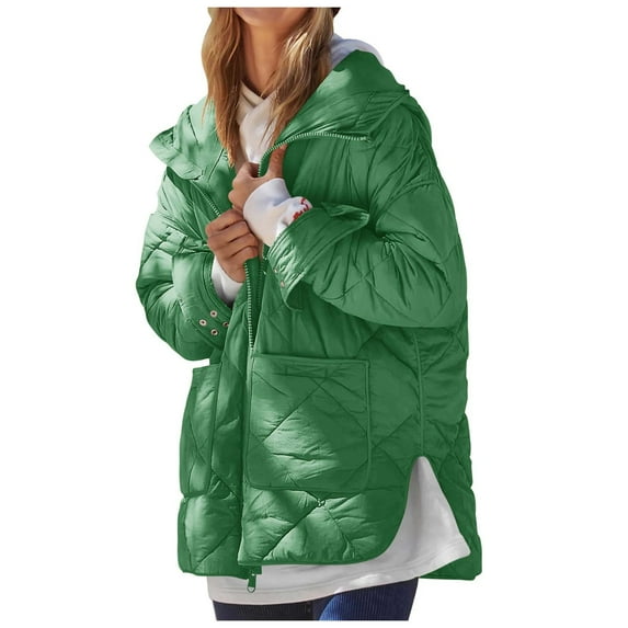 FNFYFH Womens Diamond Quilted Jackets Casual Puffer Jacket Hooded Zip Up Winter Coat Solid Color Padded Coats with Pockets