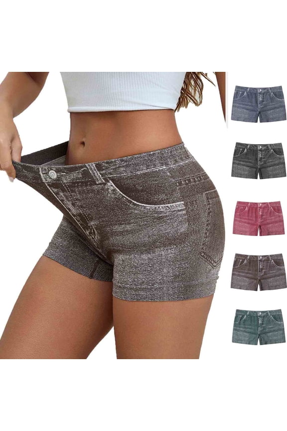 Womens Faux Denim Shorts Stretchy Butt Lifting Jean Shorts High Waist Booty Jegging Shorts for Curvy Women