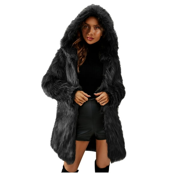 FNFYFH Womens Faux Fur Jacket Hooded Solid Color Long Shaggy Overcoat Soft Fluffy Outwear Long Sleeve Plush Coat with Hood