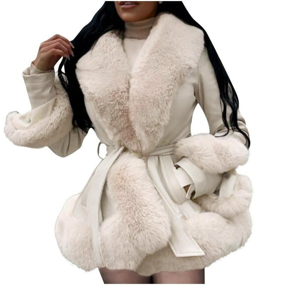 FNFYFH Womens Faux Fur Overcoat Belted Lapel Fluffy Faux Fur Coat Solid Shaggy Jackets Winter Warm Fuzzy Jackets with Two pockets