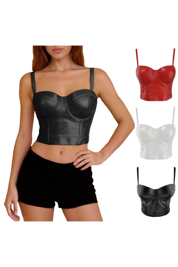 Womens Faux Leather Corset Top PU Bustier Crop Top Gothic Punk Push Up Corset Tops