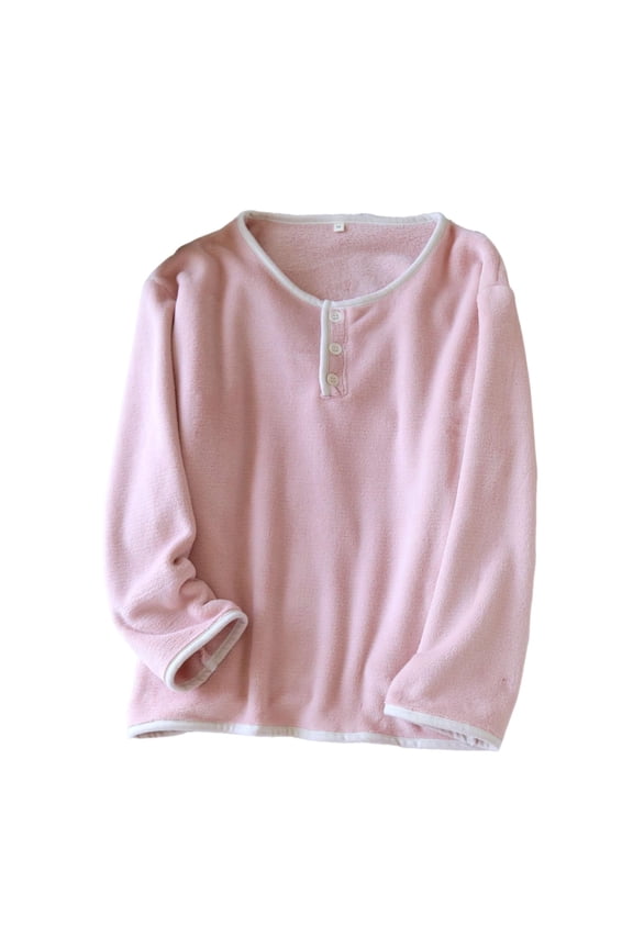 Womens Fleece Pajama Tops Long Sleeve Flannel Pjs Winter Warm Thick Sleeping Pullover Button Down Sleepwear Henley Shirt