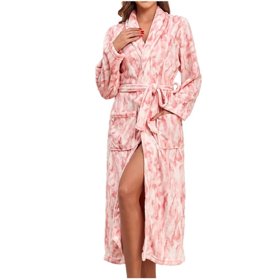 FNFYFH Womens Fleece Plush Bathrobe Warm Shawl Collar Long Robes Cozy Nightgown Sleepwear with Pockets and Belt