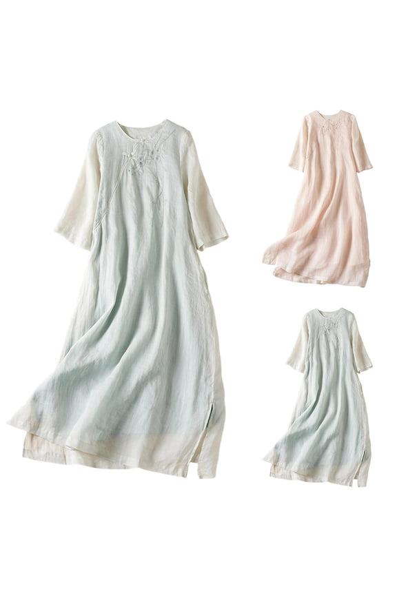 Womens Floral Embroidery Gauze Maxi Dress Casual Short Sleeve Qipao Dress Cotton Linen Ethnic Cheongsam Dress