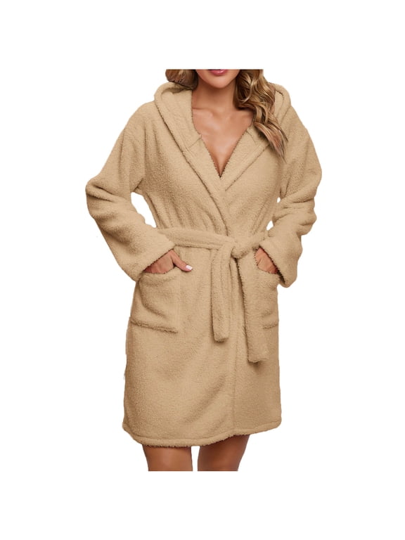 Womens Fuzzy Robe Mid Length Soft Plush Bathrobe Fleece Hooded Belted Bathrobe Cute Bear Ears Warm House Coat with Pockets