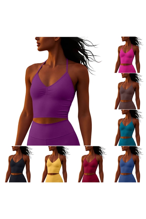 Womens Halter Tank Tops V Neck Impact Backless Longline Strappy Adjustable Gym Workout Top