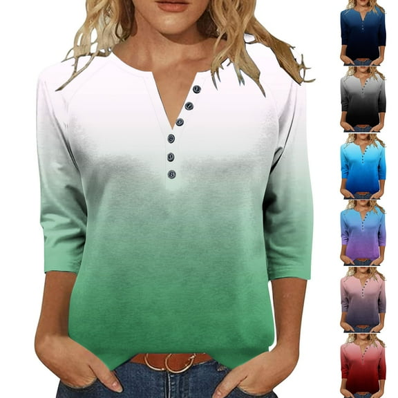FNFYFH Womens Henley Shirt 3/4 Sleeve V Neck Tops Loose Fit Raglan T Shirts