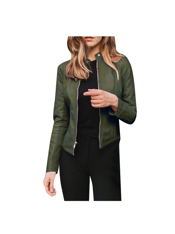 Womens Leather Jackets Trendy Zipper Long Sleeve Coats Loose Fit Motorcycle Jacket for Women 2025 Leathers Overcoat Solid Coat Black S-XXXL