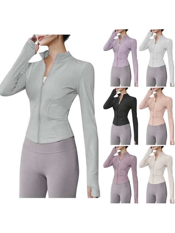 Womens Lightweigh Zip Up Yoga Jacket Soft Stretch Cropped Long Sleeve Workout Shirt Slim Fit Athletic Running Jackets with Thumb Hole