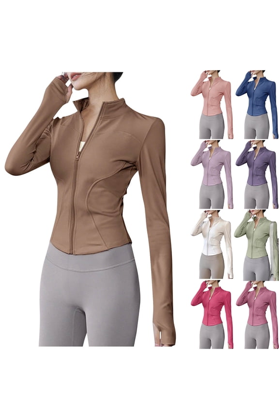 Womens Lightweight Full Zip Cropped Jacket Running Track Workout Shirt Slim Fit Yoga Sportwear with Thumb Holes