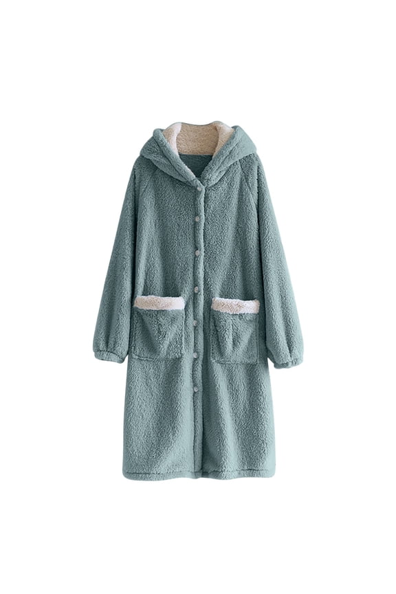 Womens Long Plush Robes Soft Button Down Fleece Robe Hooded Long Sleeve Spa Bathrobe Cute Cozy Housecoat with Pockets