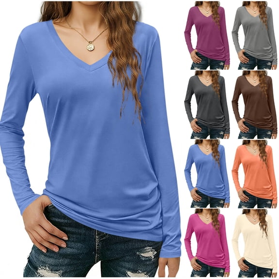 FNFYFH Long Sleeve Shirt for Women V Neck Pullover Tops Casual Soft Solid Basic Tees