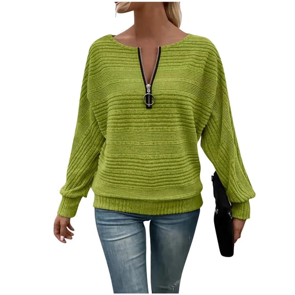 FNFYFH Womens Long Sleeve Pullover Tops Quarter Zip Crew Neck Shirt Batwing Sleeves Dolman Knitted Sweaters