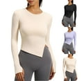 thumbnail image 1 of FNFYFH Womens Long Sleeve Workout Tops Asymmetrical Hem Yoga Atheltic Shirt Stretch Slim Fitted Crop Top with Thumb Holes, 1 of 8