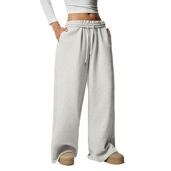FNFYFH Womens Low Rise Sweatpants Fleece Lined Wide Leg Pants Drawstring Baggy Barrel Pants Casual Winter Palazzo Pants