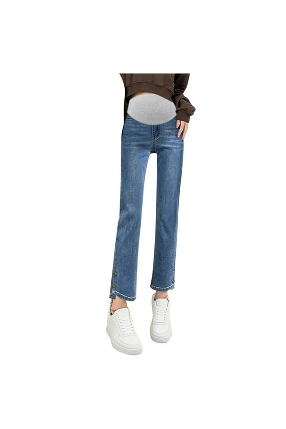 Womens Maternity Jeans Over the Belly Stretchy Slim Leg Jeans Straight Leg Ankle Denim Pants with Pockets