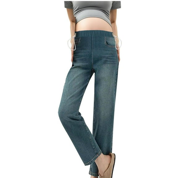 FNFYFH Womens Maternity Jeans Wide Leg Maternity Pants Elastic Waist Ankle Length Pregnancy Denim Pants with Pockets
