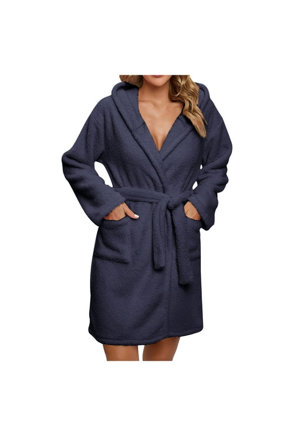 Womens Mid Length Fleece Robes Plush Soft Hooded Bathrobe Belted Terry Cloth Robe Cute Cozy Warm Housecoat with Pockets