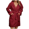 thumbnail image 1 of FNFYFH Womens Mid Length Fleece Robes Plush Soft Hooded Bathrobe Belted Terry Cloth Robe Cute Cozy Warm Housecoat with Pockets, 1 of 1