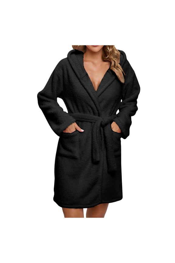 Womens Mid Length Fleece Robes Plush Soft Hooded Bathrobe Belted Terry Cloth Robe Cute Cozy Warm Housecoat with Pockets