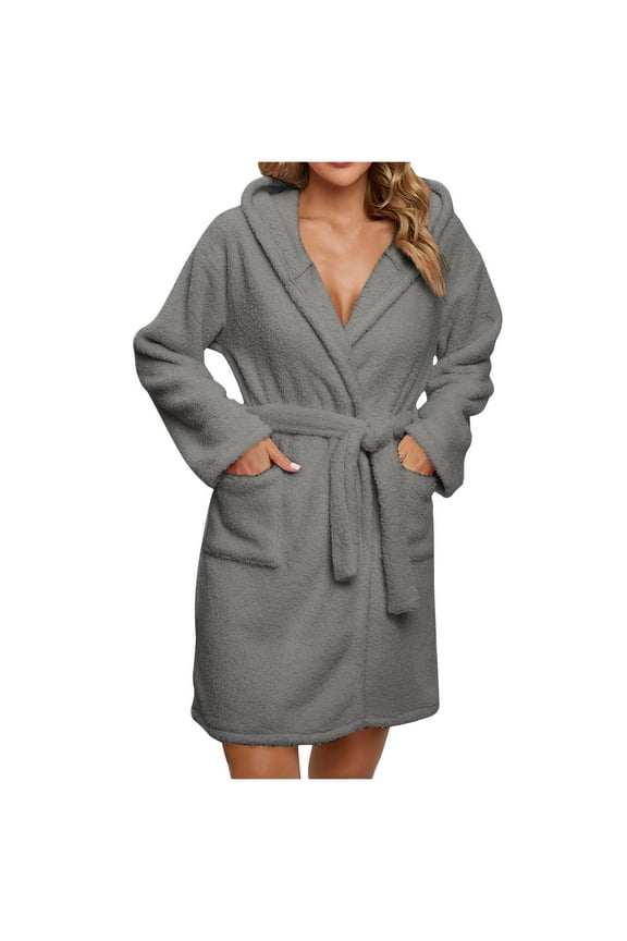 Womens Mid Length Fleece Robes Plush Soft Hooded Bathrobe Belted Terry Cloth Robe Cute Cozy Warm Housecoat with Pockets