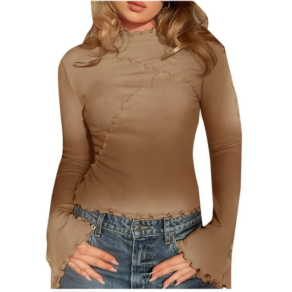 FNFYFH Womens Mock Neck Bell Long Sleeve T Shirt Lettuce Trim Fitted Shirts Y2k Copped Tops Ribbed Knit Blouse