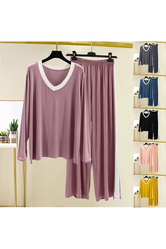 Womens Modal Pajama Sets 2 Piece Lounge Set Long Sleeve V Neck Top and Pants Soft Pj Sets Loose Sleepwear
