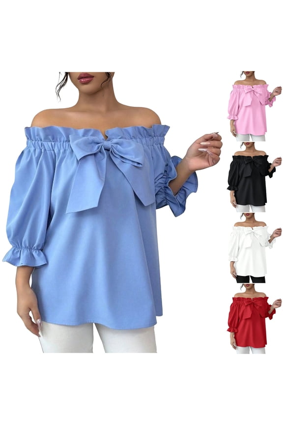 FNFYFH Womens Off the Shoulder Tops Puff Sleeve Loose Fit Blouse Frill Trim Cute Bow Tie Shirt
