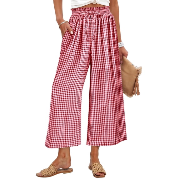 FNFYFH Womens Palazzo Capri Pants Wide Leg Striped Gingham Lounge Trousers Cute Beach Vacation Cropped Pants with Pockets