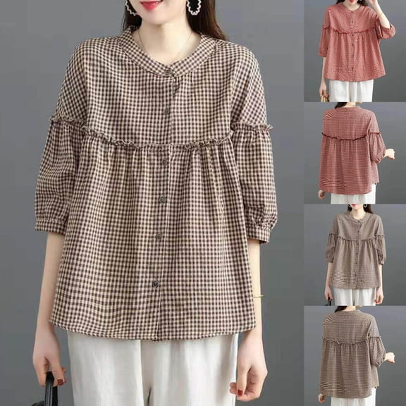 FNFYFH Womens Plaid Button Down Shirts Casual Loose Fit 3/4 Sleeve Tunic Tops Checkered Babydoll Blouses