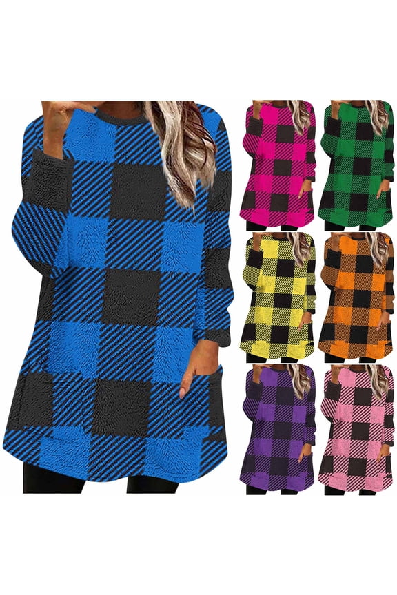 Womens Plaid Crewneck Sweatshirt Thick Thermal Flannel Pullover Buffalo Long Sleeve Plaid Fleece Sweatshirts