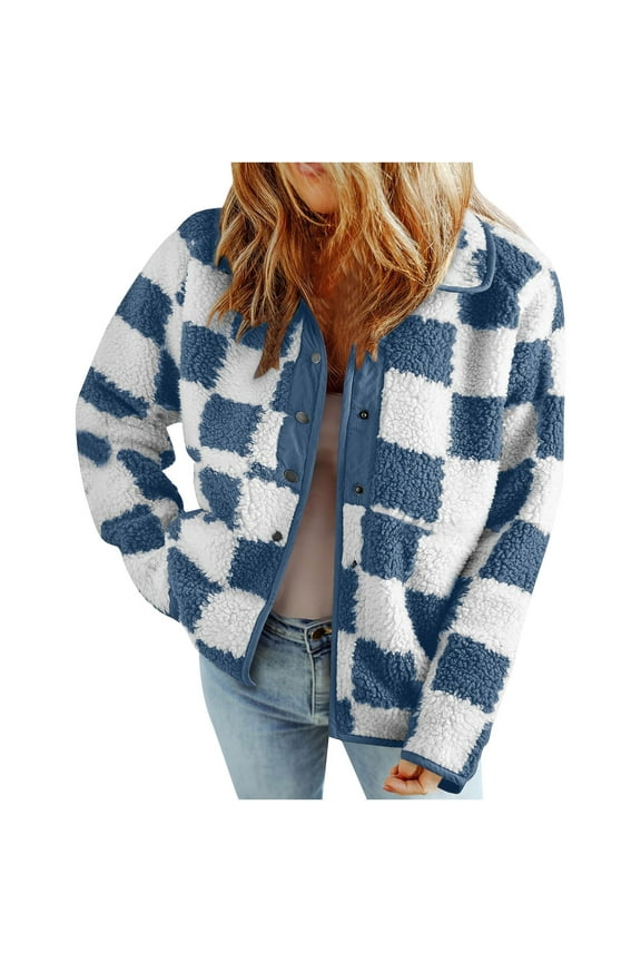 Womens Plaid Fleece Jacket Lapel Snap Button Sherpa Coat Loose Fit Checkered Fluffy Outwear Coats