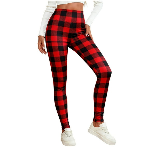 FNFYFH Womens Plaid Fleece Lined Leggings Thick Underwear Pants High Waisted Thermal Leggings Soft Flannel Pajama Bottoms
