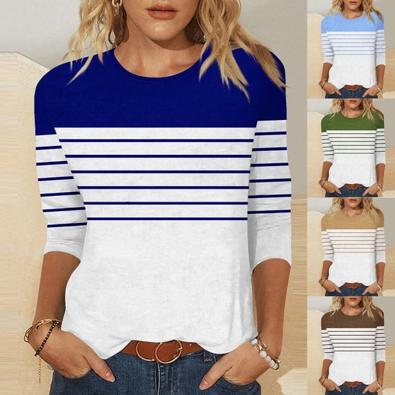 FNFYFH Womens Plus Size 3/4 Sleeve Shirt Color Block Crew Neck T Shirt Loose Fit Tunic Tops